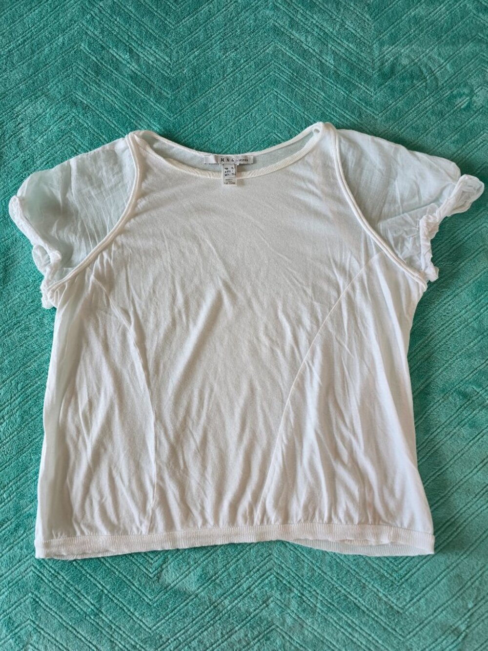 MNG by Mango Mixed Media Sheer Cap Sleeve T-Shirt Top White Size: D-USA L